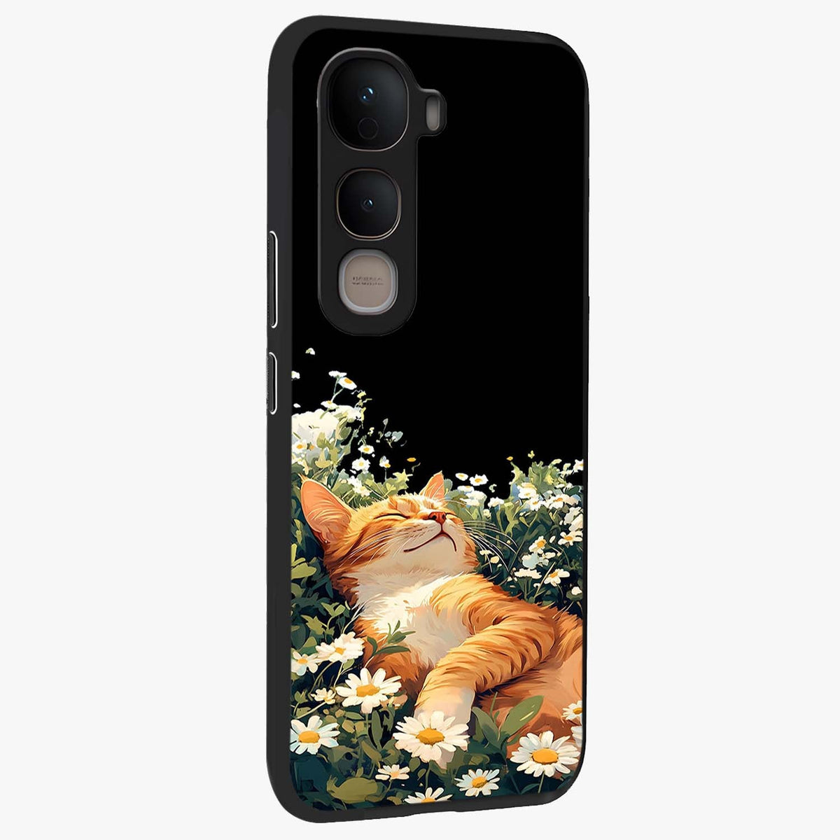 Blissful Bloom Cat Glass Case upright view showcasing charming cat design surrounded by blooming floral elements.