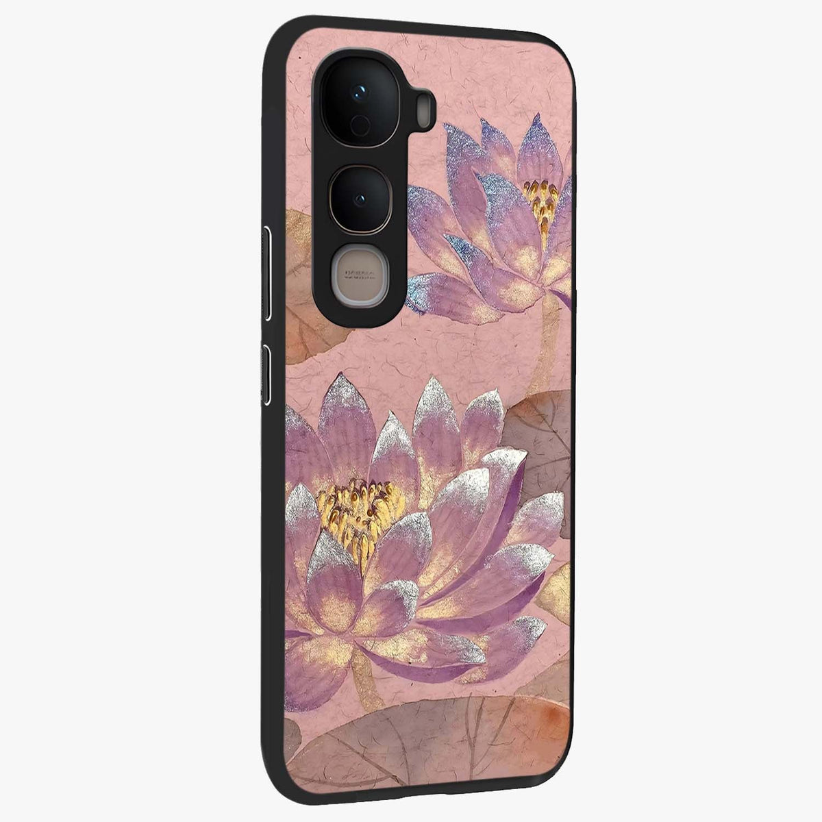 Blossom Mist Lotus Glass Case upright view showcasing graceful lotus flower design with peaceful botanical style.