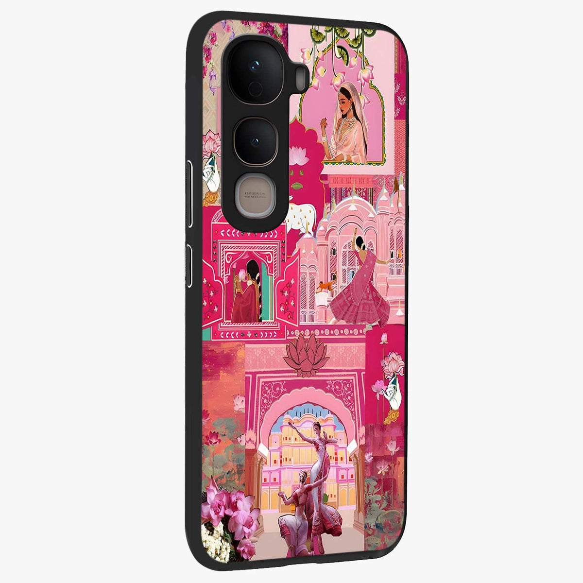 Blossoms of Rajasthan Glass Case upright view showcasing colorful floral design inspired by traditional Indian art.