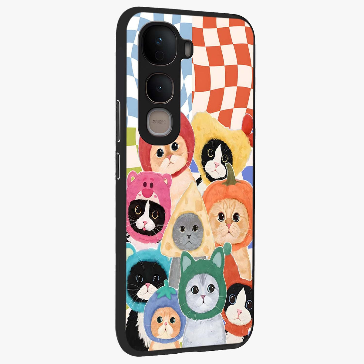 Cats in Fruits Glass Case upright view showcasing charming cat artwork with fun fruity theme.