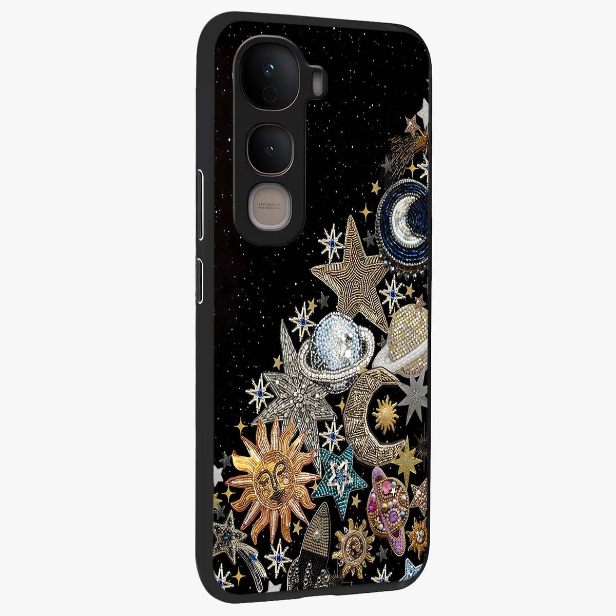 Cosmic Sparkle Dreams Glass Case upright view showcasing glowing cosmic artwork with magical galaxy theme.