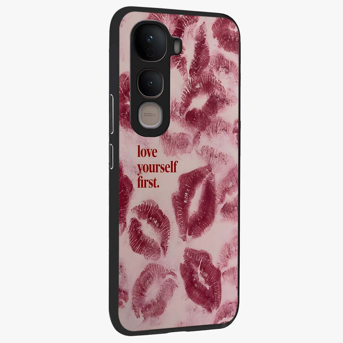 Crimson Kiss Love Glass Case upright view showcasing expressive romantic artwork with deep crimson theme.