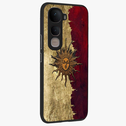 Crimson Sun Majesty Glass Case upright view showcasing vibrant sun artwork with powerful celestial theme.