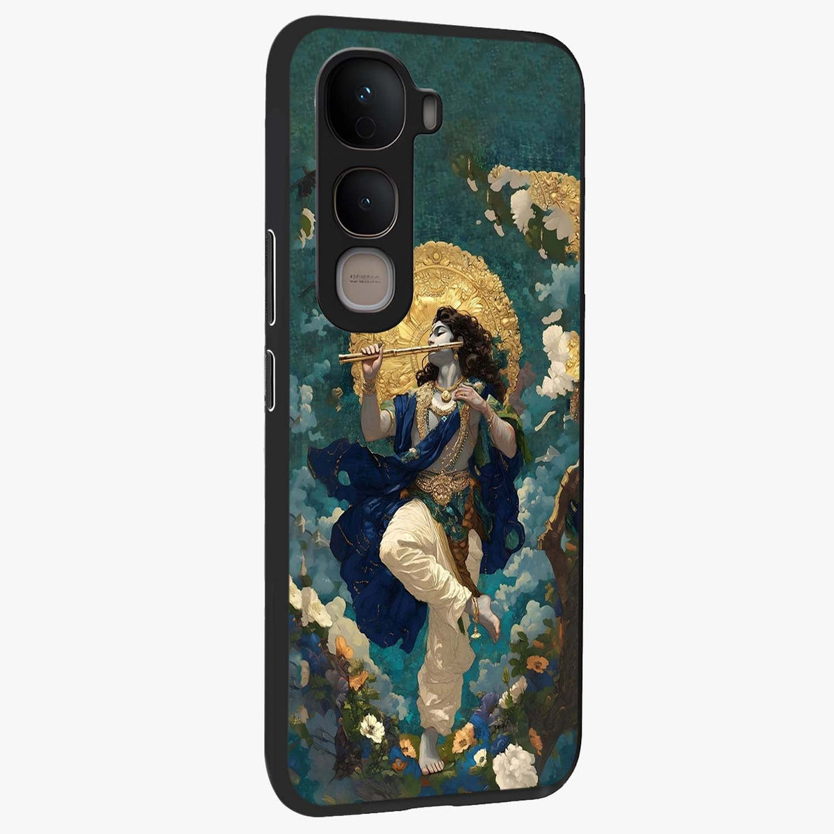 Divine Krishna Art Glass Case upright view showcasing divine Krishna artwork with sacred artistic theme.
