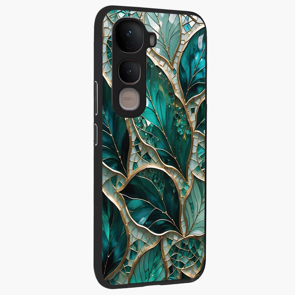 Emerald Leaf Glass Glass Case upright view showcasing fresh green leaf artwork with calming nature inspired style.
