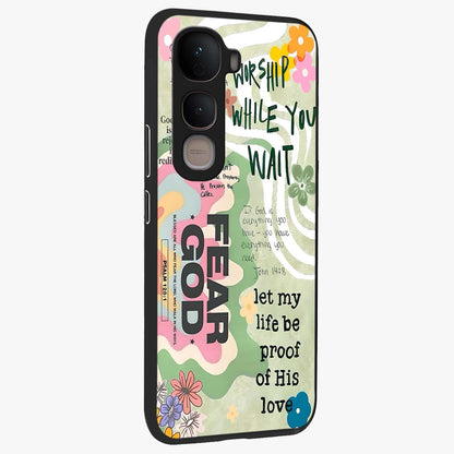 Faith Over Fear Glass Case upright view showcasing bold typography artwork with uplifting motivational theme.