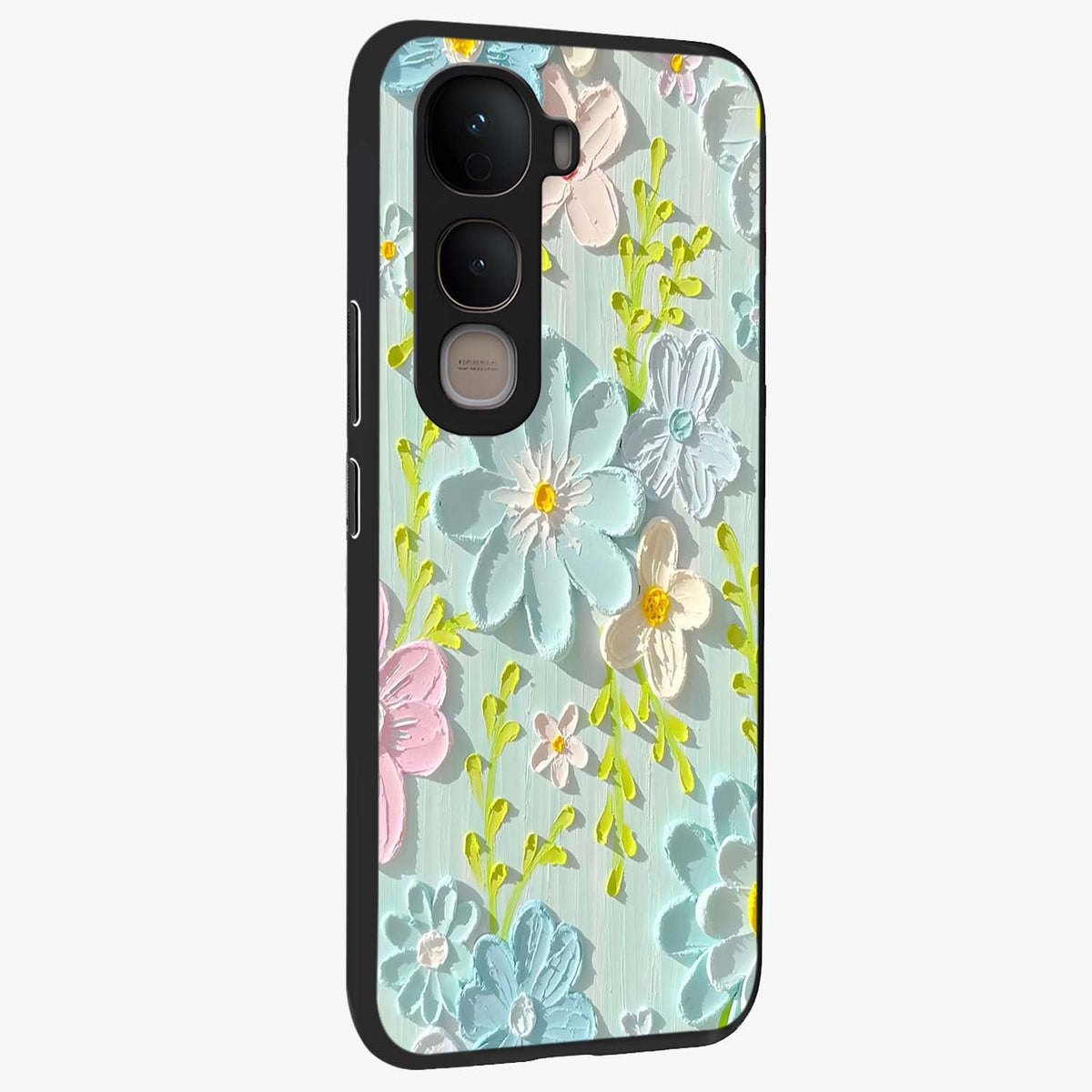Frosted Petal Garden Glass Case upright view showcasing elegant floral garden artwork with soothing pastel theme.