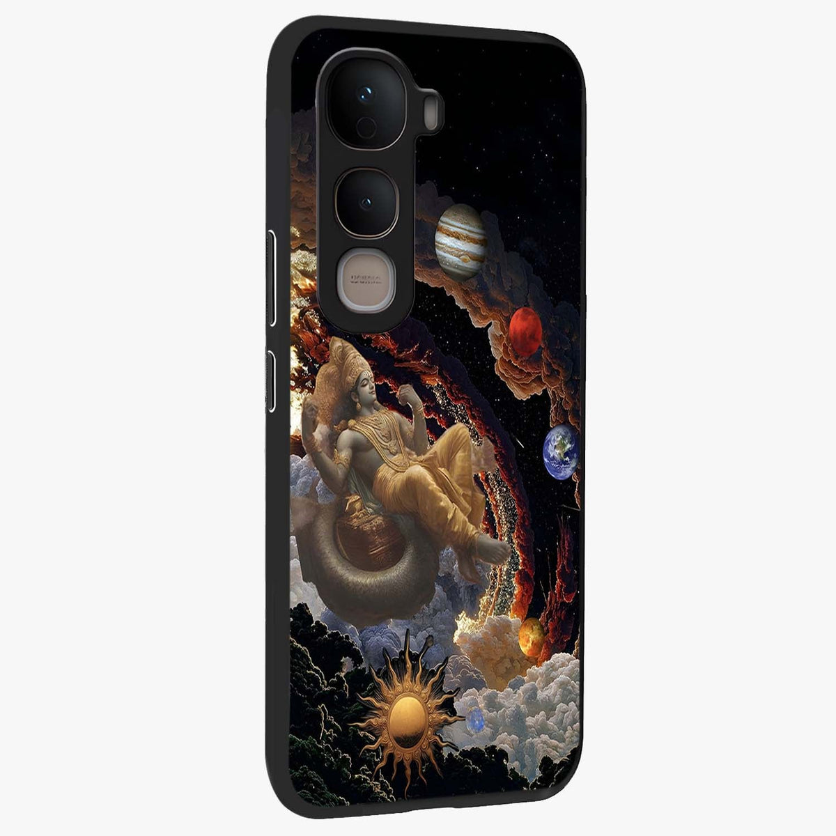 Galactic Divine God Glass Case upright view showcasing mystical divine artwork with dramatic cosmic theme.