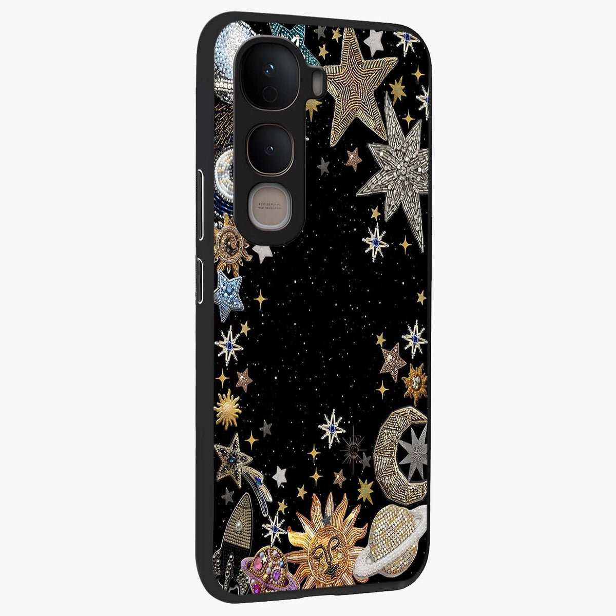 Galactic Jewel Stars Glass Case upright view showcasing glittering star jewel artwork with vibrant galaxy theme.