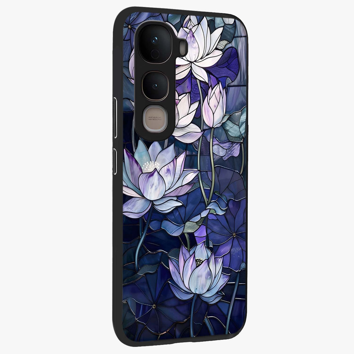Gloss Petal Rush Glass Case upright view showcasing dynamic floral petal artwork with modern botanical theme.
