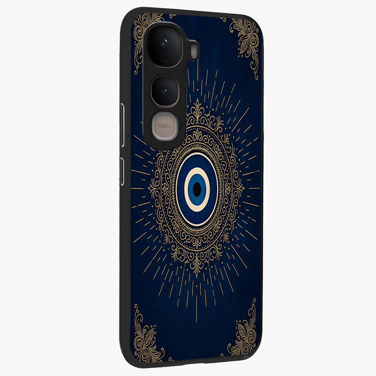 Golden Celestial Charm Glass Case upright view showcasing radiant celestial artwork with elegant golden theme.