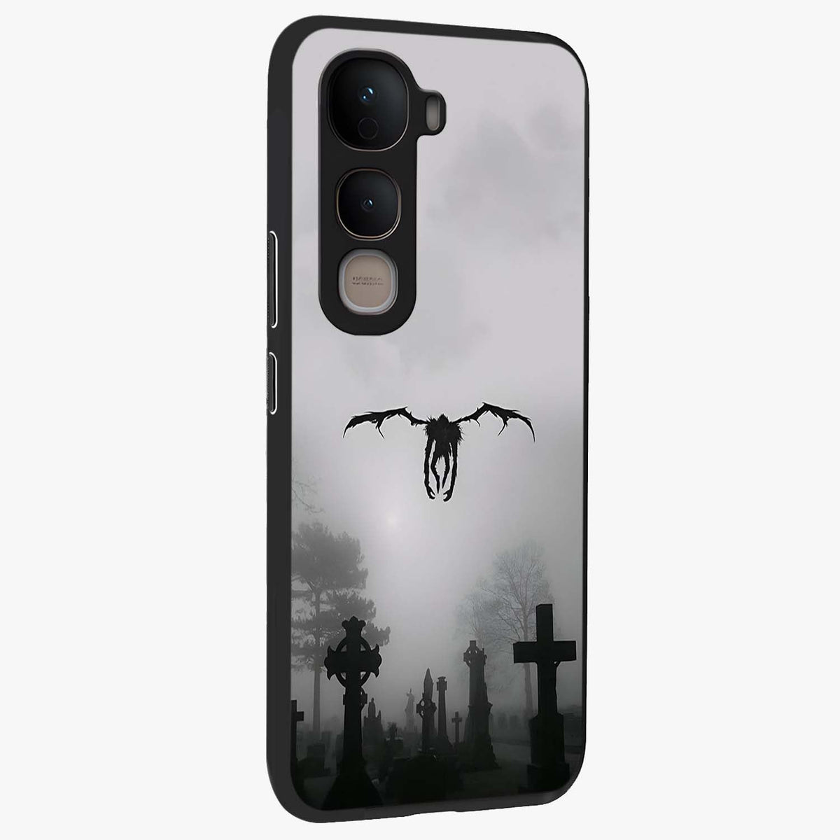 Graveyard Shadow Descent Glass Case upright view showcasing haunting graveyard artwork with dramatic dark theme.