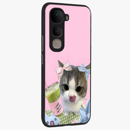 Love Matcha Cat Glass Case upright view showcasing adorable cat artwork with charming matcha themed design.
