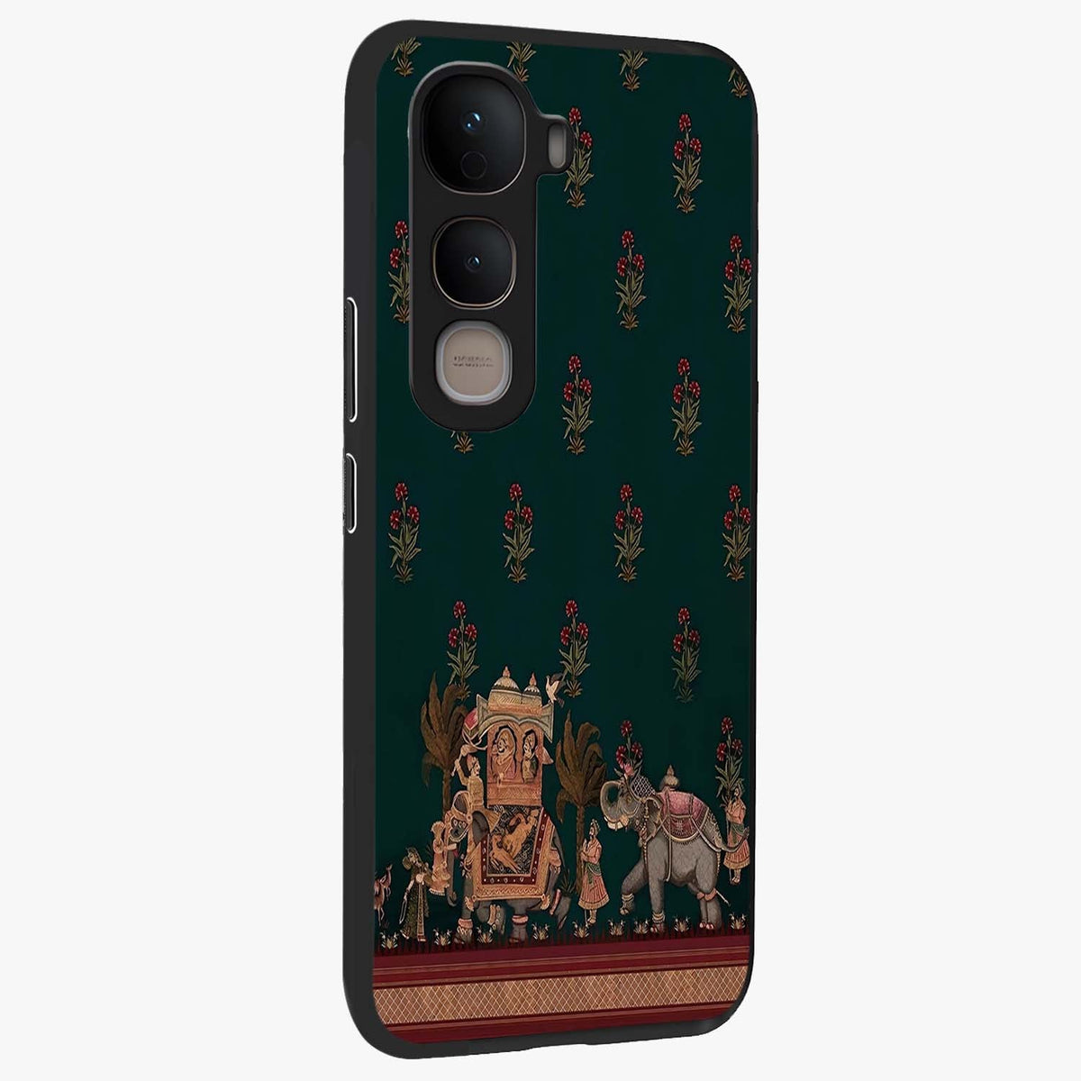 Macmerise Glass Case upright view showcasing bold artistic artwork with contemporary design theme.