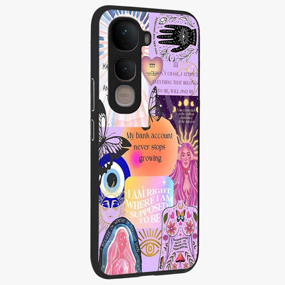 Manifestation Collage Glass Case upright view showcasing artistic manifestation themed artwork with creative style.