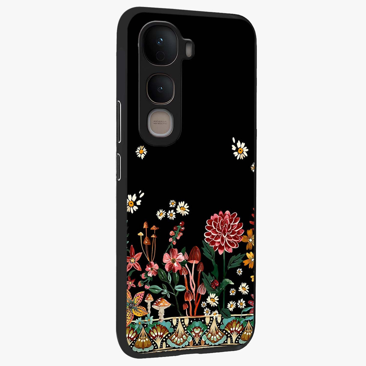 Midnight Bloom Pattern Glass Case upright view showcasing decorative floral artwork with deep night themed palette.