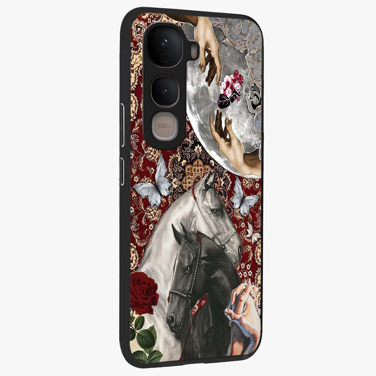 Moonlit Royal Stallion Glass Case upright view showcasing dramatic horse artwork with glowing moon themed design.