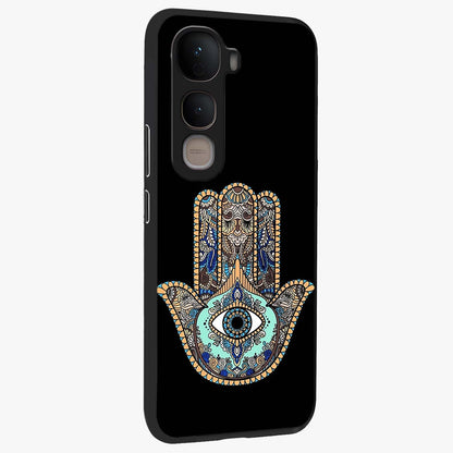 Mystic Hamsa Eye Glass Case upright view showcasing detailed hamsa eye artwork with protective spiritual theme.