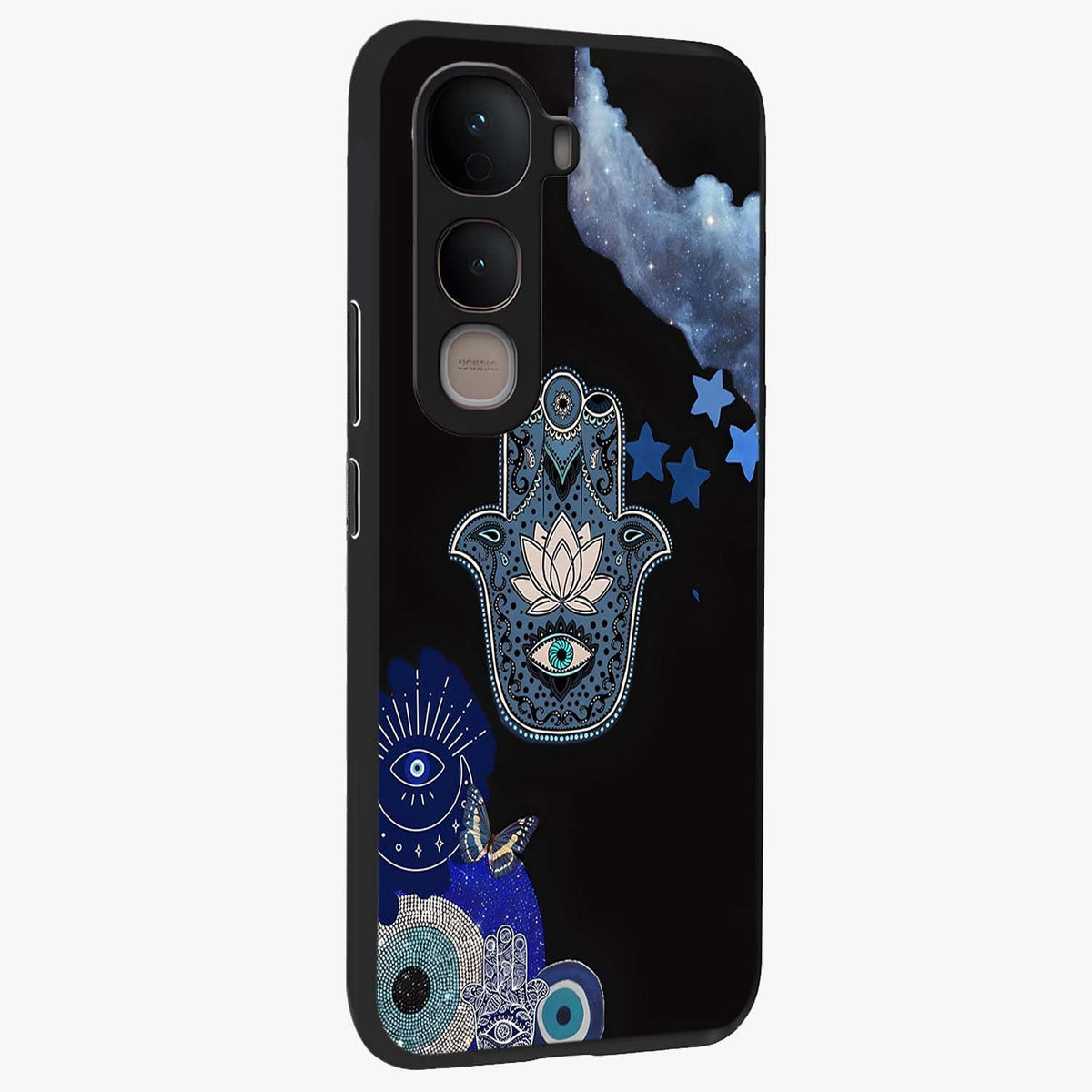 Mystic Hand Aura Glass Case upright view showcasing symbolic hand artwork with mystical energy theme.
