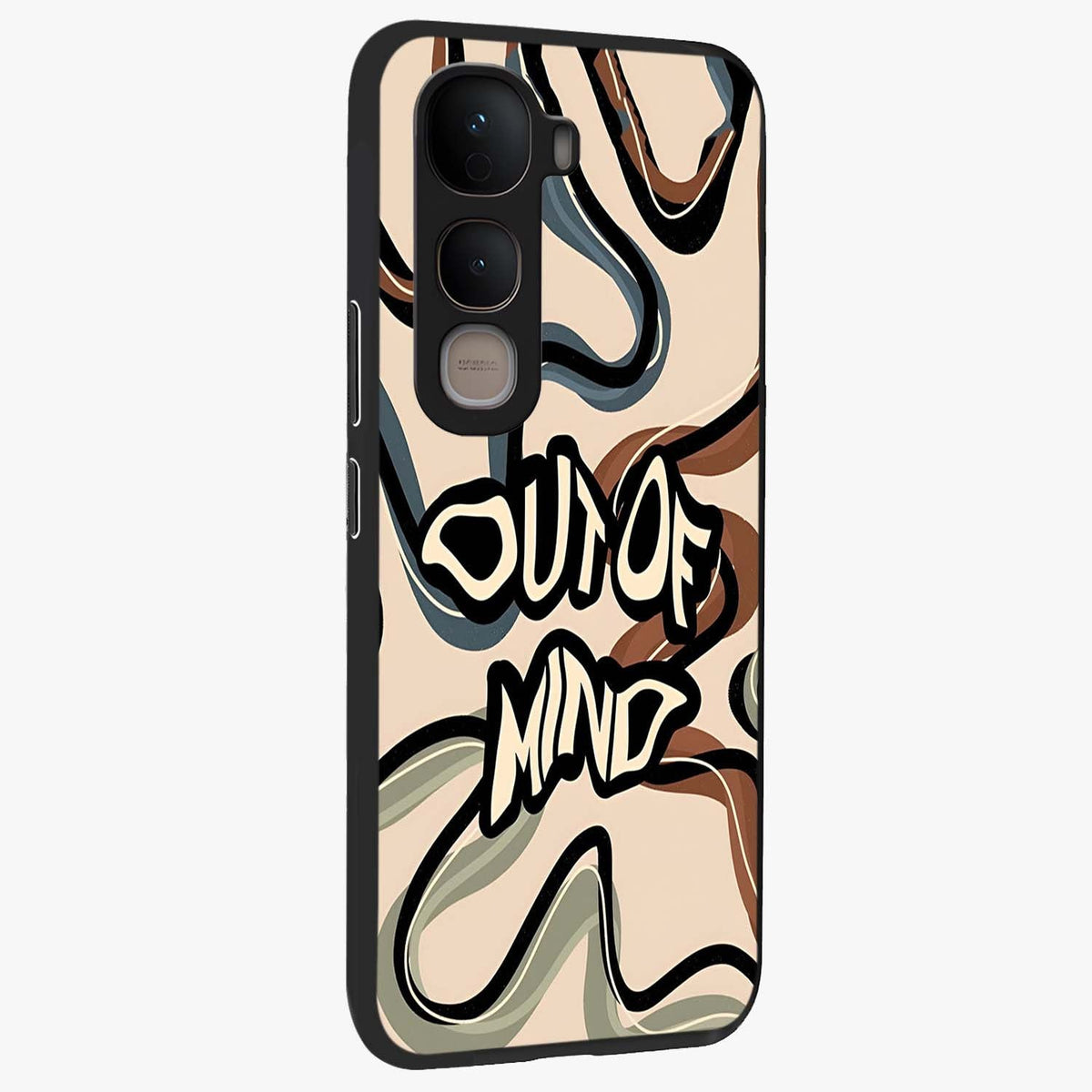 Out Of Mind Glass Case upright view showcasing striking typography artwork with edgy conceptual theme.