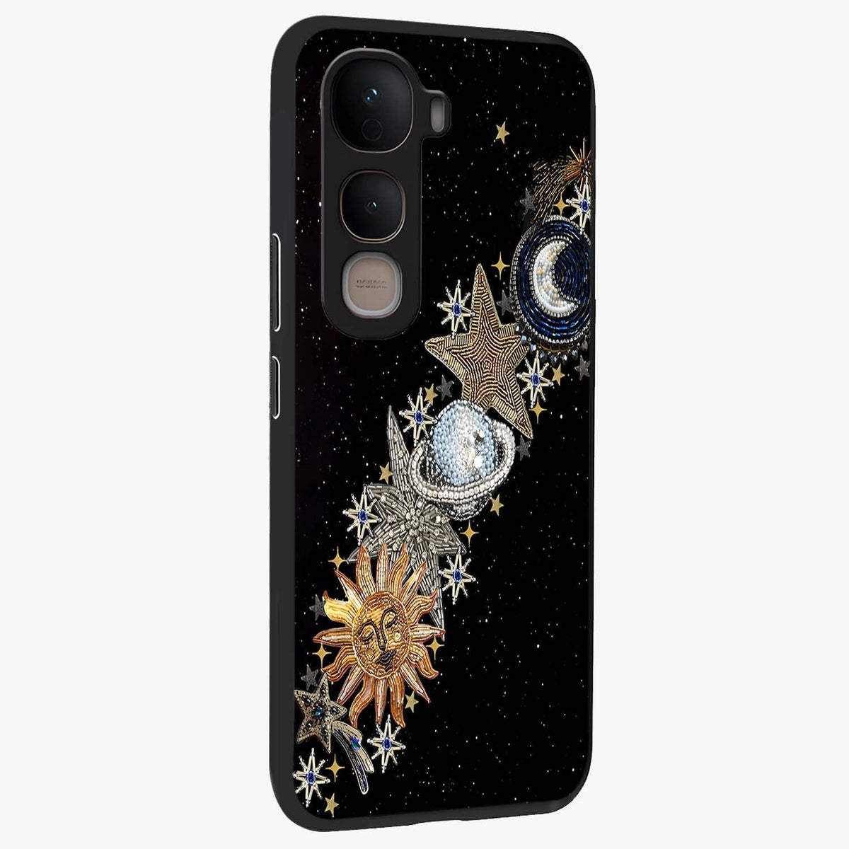 Pearls Universe Object Glass Case upright view showcasing decorative pearl themed artwork with cosmic elegance.