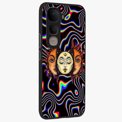 Psychedelic Sun Glass Case upright view showcasing trippy sun artwork with bold psychedelic theme.