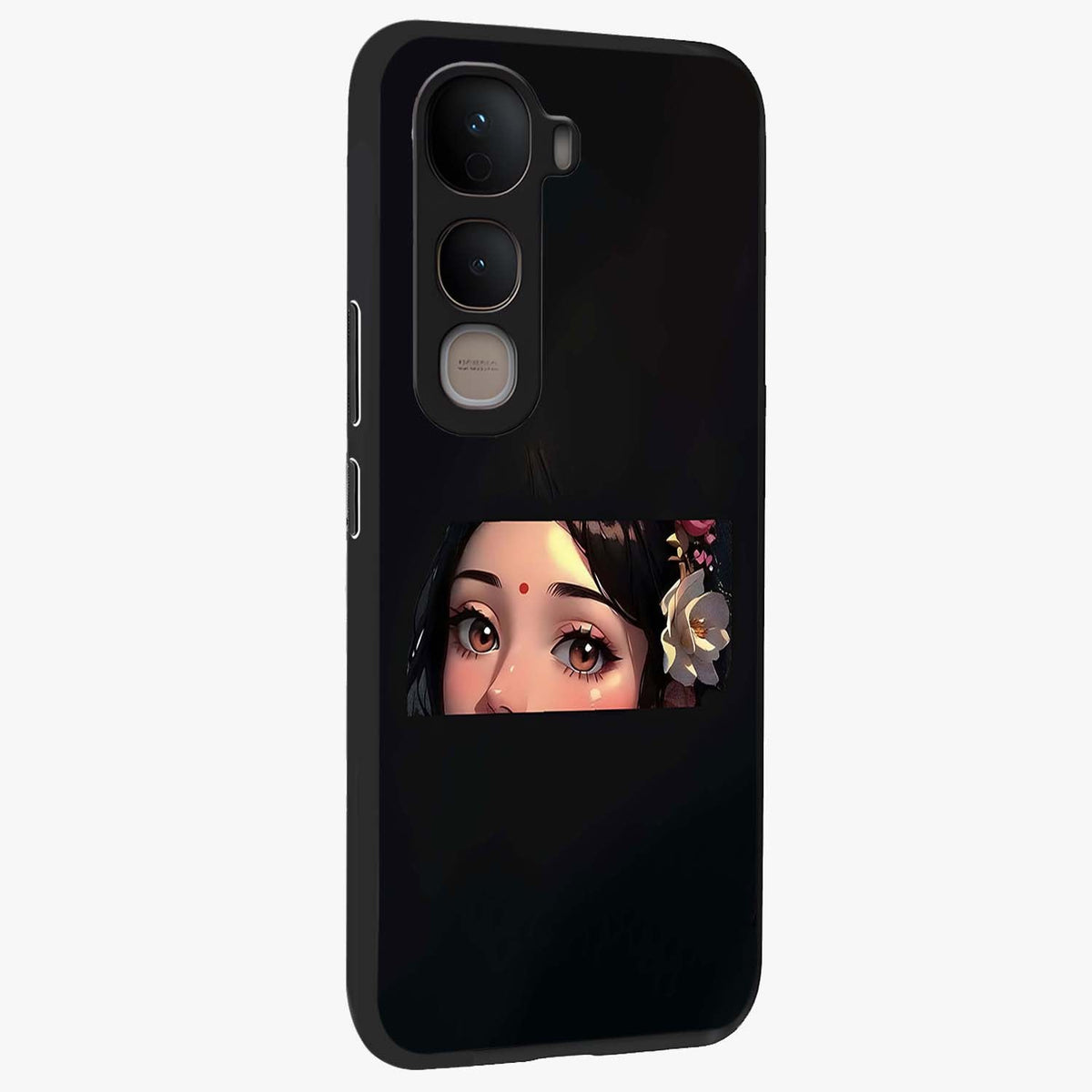 Radha Divine Embrace Glass Case upright view showcasing sacred Radha themed artwork with peaceful devotional style.