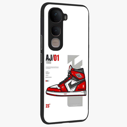 Retro Sneaker Blueprint Glass Case upright view showcasing stylish sneaker illustration with vintage streetwear theme.