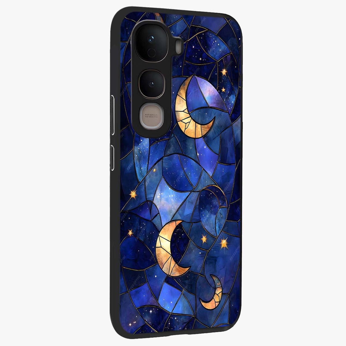 Starlit Sky Tapestry Glass Case upright view showcasing elegant starry sky artwork with cosmic decorative theme.