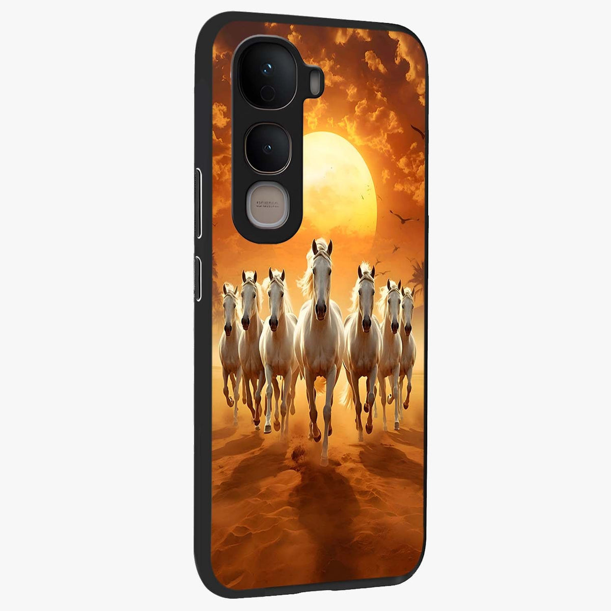 Wild Sunset Majesty Glass Case upright view showcasing dramatic sunset artwork with bold nature theme.