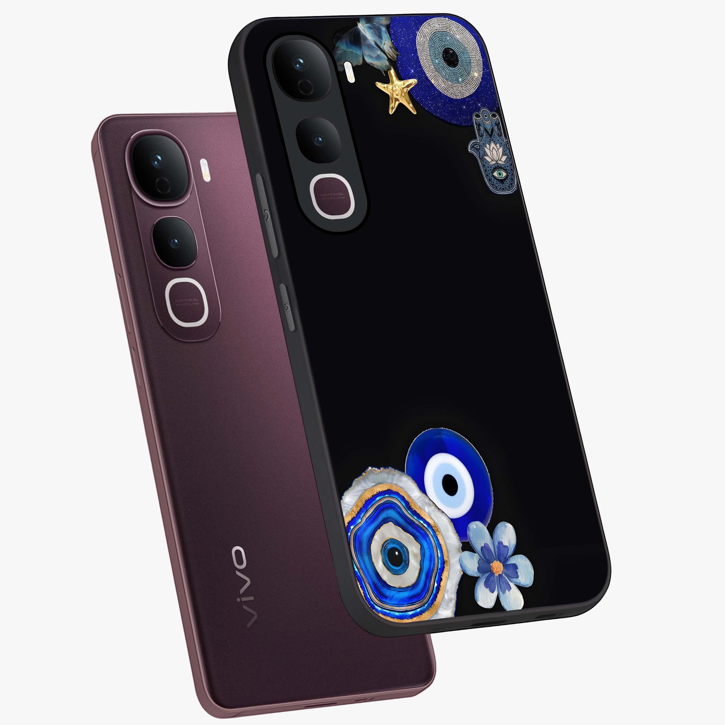 Aesthetic Blue Evil Eye Glass Case displayed in angled mockup highlighting blue evil eye symbol and spiritual aesthetic design.