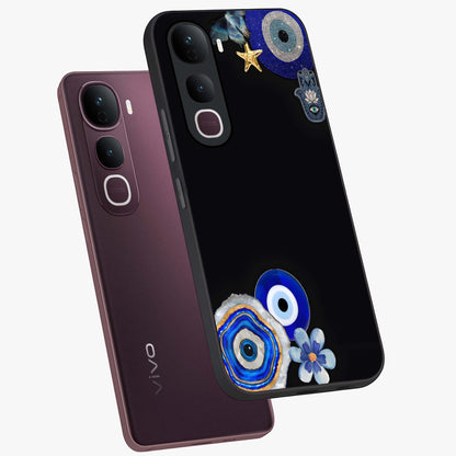 Aesthetic Blue Evil Eye Glass Case displayed in angled mockup highlighting blue evil eye symbol and spiritual aesthetic design.