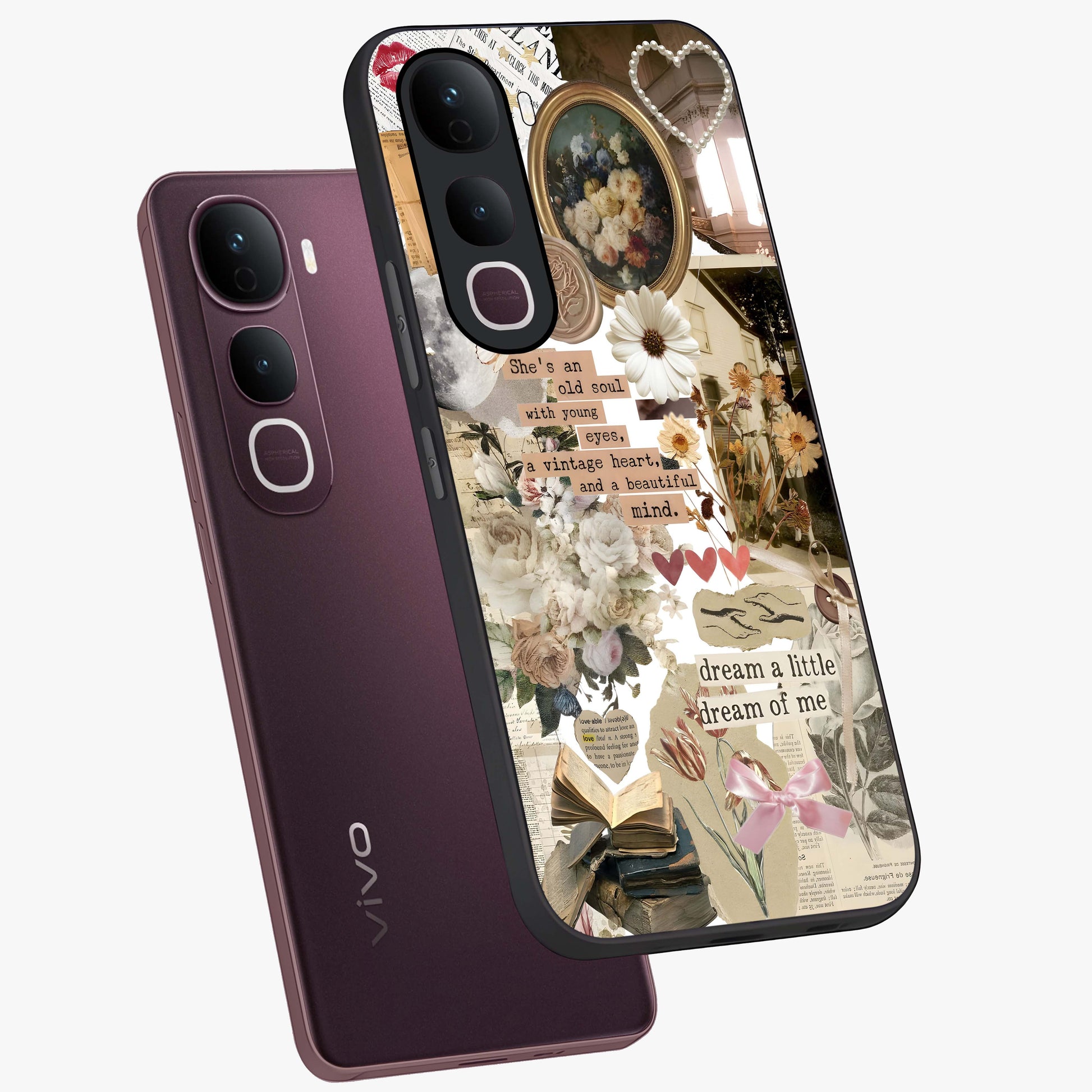 Aesthetic Brown Vintage Collage Glass Case displayed in angled mockup highlighting vintage aesthetic collage design.