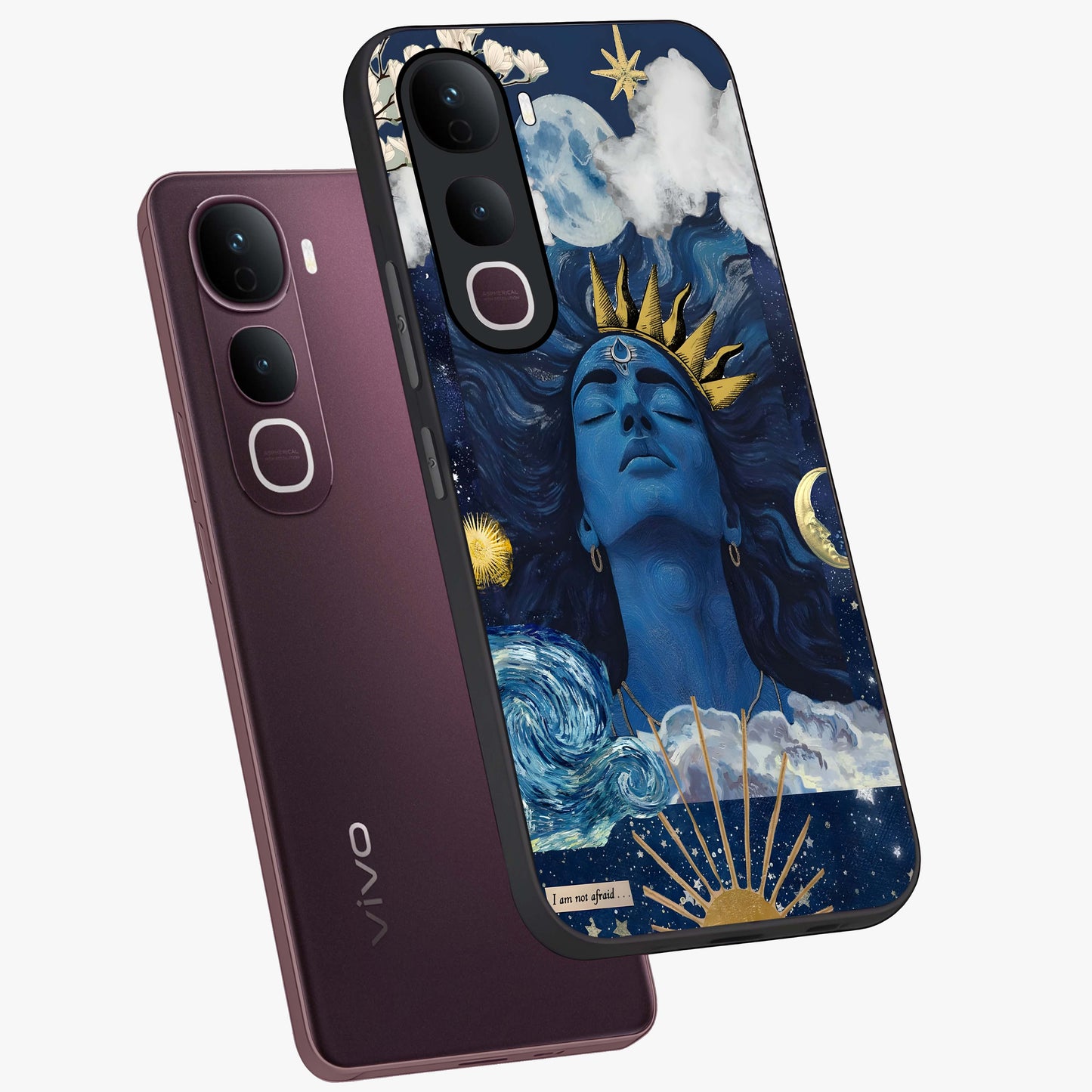 Aesthetic Lord Shiva Glass Case displayed in angled mockup highlighting spiritual Shiva illustration and sacred aesthetic design.