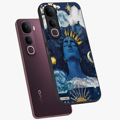 Aesthetic Lord Shiva Glass Case displayed in angled mockup highlighting spiritual Shiva illustration and sacred aesthetic design.