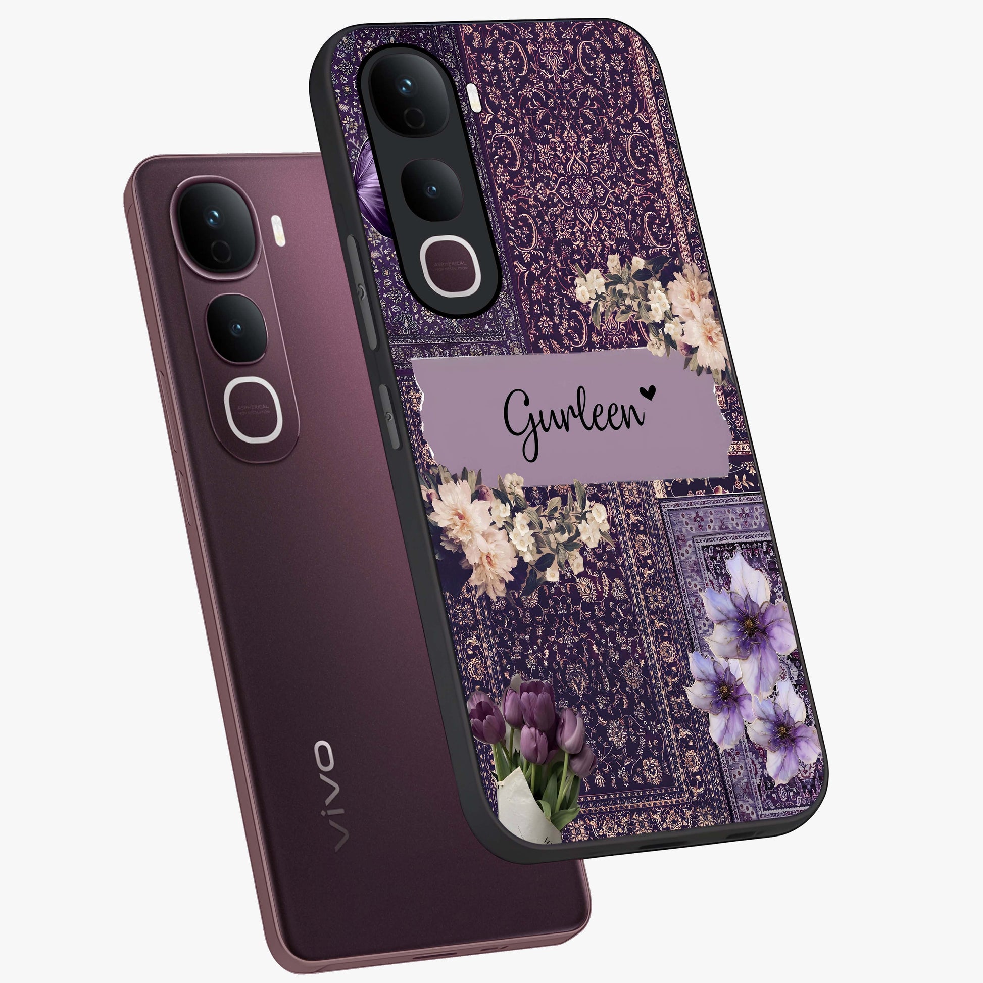 Antique Floral Whisper Custom Name Glass Case displayed in angled mockup highlighting elegant antique floral aesthetic.