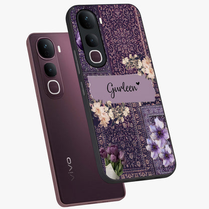 Antique Floral Whisper Custom Name Glass Case displayed in angled mockup highlighting elegant antique floral aesthetic.