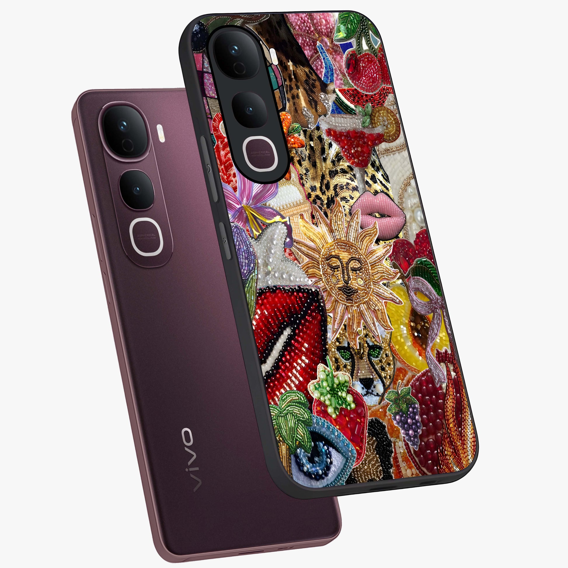 Beaded Fashion Jungle Glass Case displayed in angled mockup highlighting colorful fashion bead design and artistic pattern.