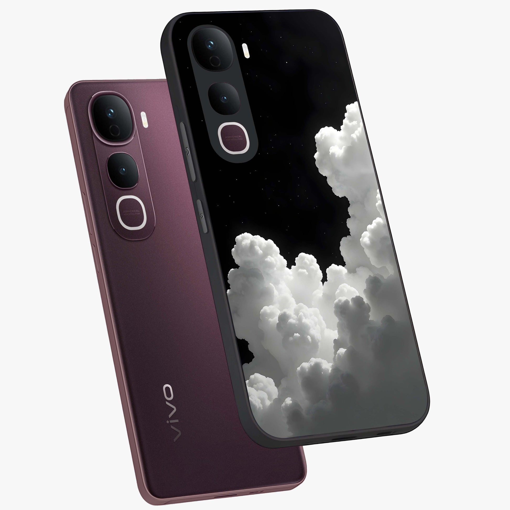 Black Background With White Cloud Glass Case displayed in angled mockup highlighting soft white cloud illustration and minimal design.