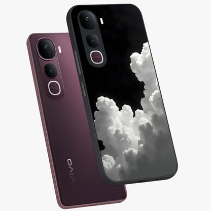 Black Background With White Cloud Glass Case displayed in angled mockup highlighting soft white cloud illustration and minimal design.