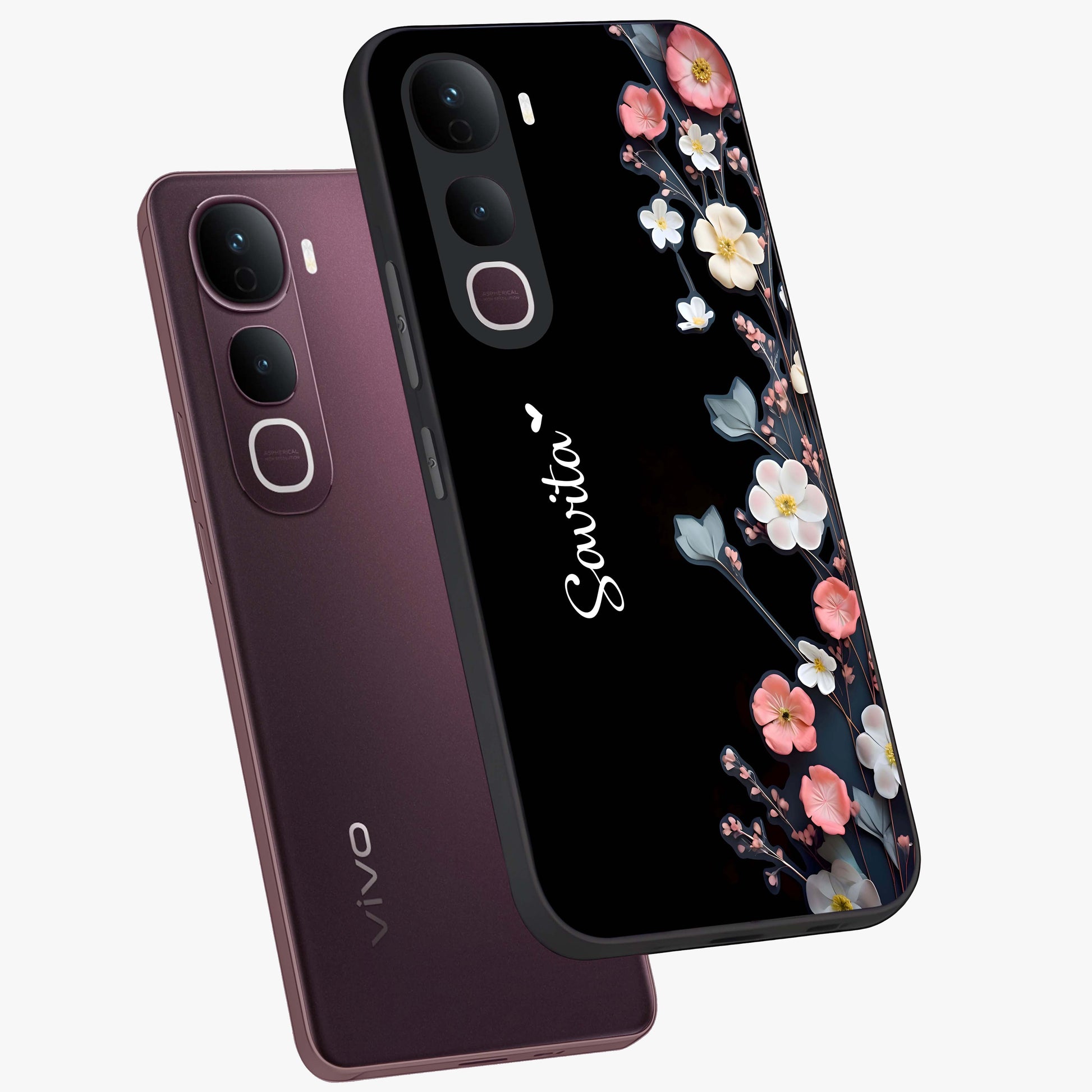 Black Elegance Floral Custom Name Glass Case displayed in angled mockup highlighting dark floral aesthetic and custom name feature.