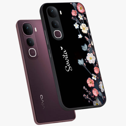 Black Elegance Floral Custom Name Glass Case displayed in angled mockup highlighting dark floral aesthetic and custom name feature.