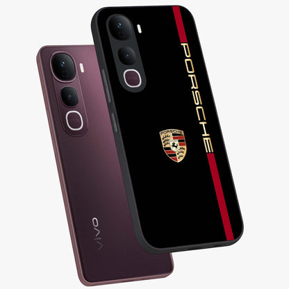Black Minimal Porsche Glass Case displayed in angled mockup highlighting modern minimal car illustration and clean aesthetic design.