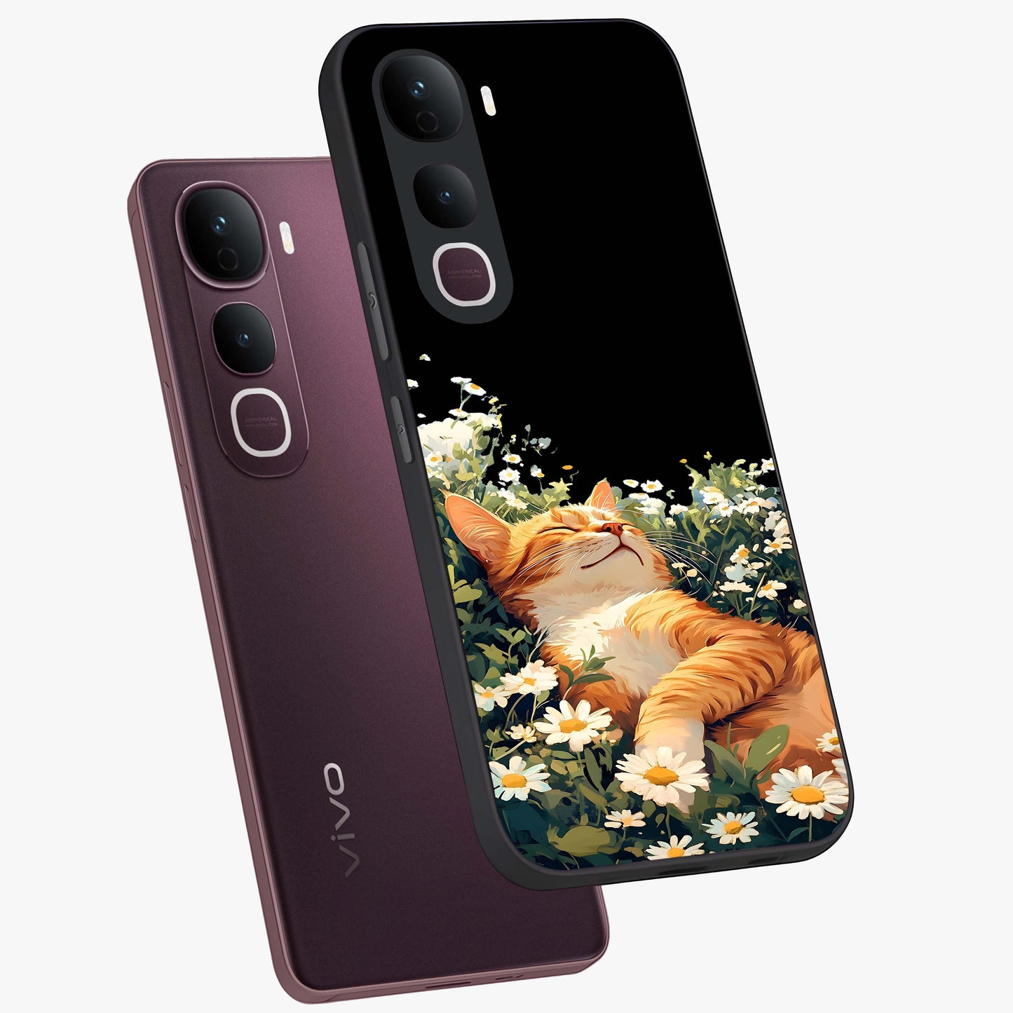 Blissful Bloom Cat Glass Case displayed in angled mockup highlighting playful feline illustration with soft floral aesthetic.