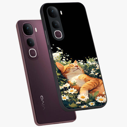 Blissful Bloom Cat Glass Case displayed in angled mockup highlighting playful feline illustration with soft floral aesthetic.