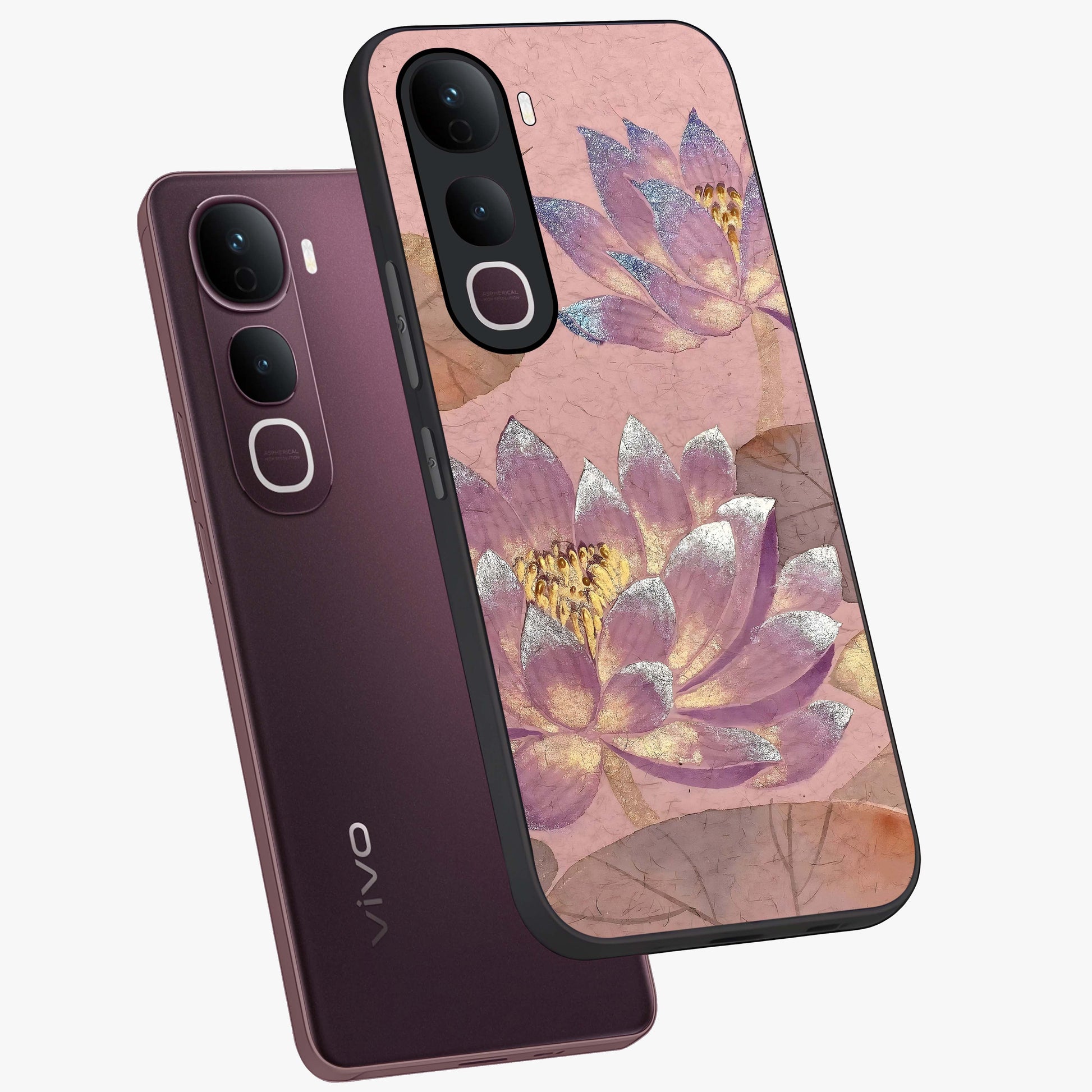 Blossom Mist Lotus Glass Case displayed in angled mockup highlighting delicate lotus illustration with calm aesthetic theme.