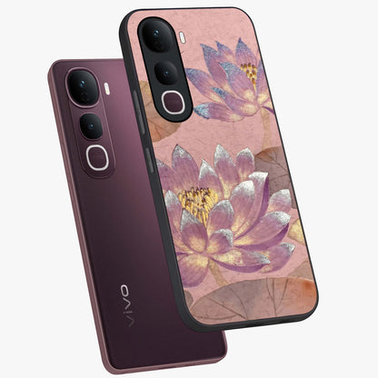 Blossom Mist Lotus Glass Case displayed in angled mockup highlighting delicate lotus illustration with calm aesthetic theme.