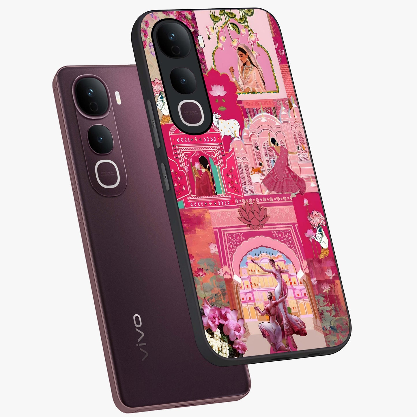 Blossoms of Rajasthan Glass Case displayed in angled mockup highlighting vibrant floral pattern with cultural aesthetic style.