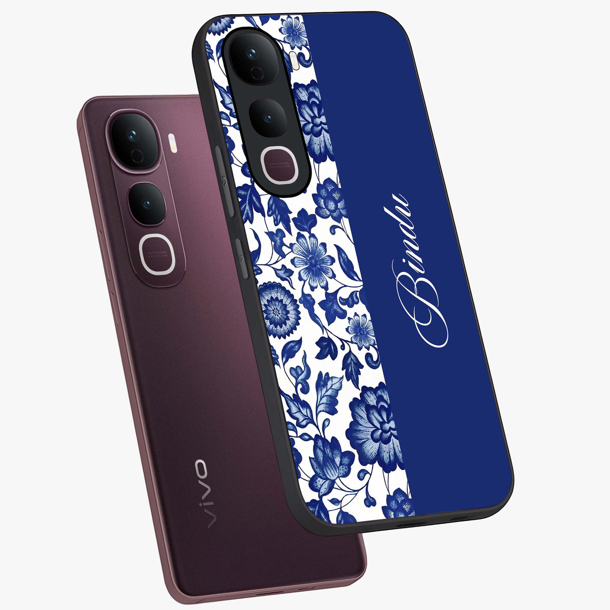 Blue Vintage Floral Pattern Glass Case displayed in angled mockup highlighting subtle bloom pattern with aesthetic pastel design.