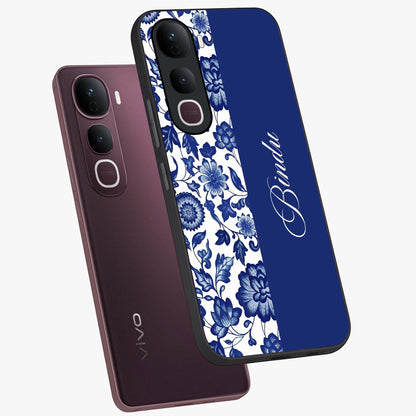 Blue Vintage Floral Pattern Glass Case displayed in angled mockup highlighting subtle bloom pattern with aesthetic pastel design.